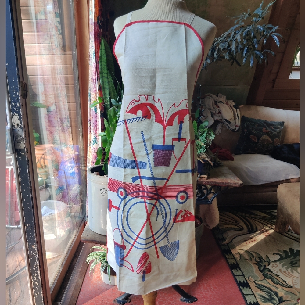 1950s Novelty Full Apron Workshop Gardening Linen Tools Red White Blue Parvin